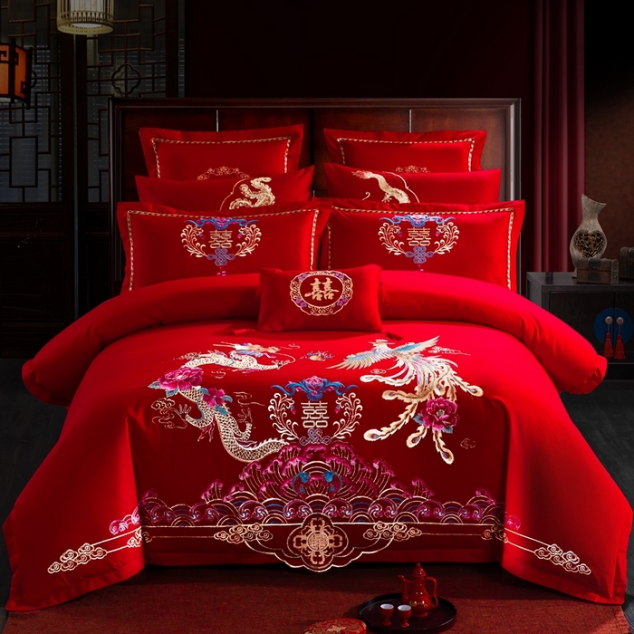 91家纺网 家纺一手货源 找家纺 （总）慕她家纺 慕她畅销款全棉纯棉婚庆四件套大红色刺绣结婚床上用品