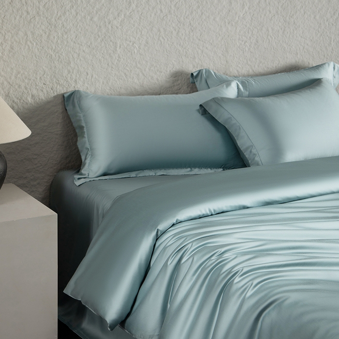 91家纺网 家纺一手货源 找家纺 618家纺 2026新款A类奥地利进口兰精天丝纯色四件套系列 天丝简约海茵蓝