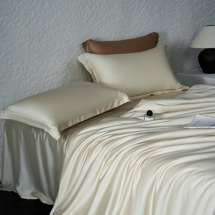 91家纺网 家纺一手货源 找家纺 618家纺 2026新款A类奥地利进口兰精天丝纯色四件套系列 天丝简约奶米杏