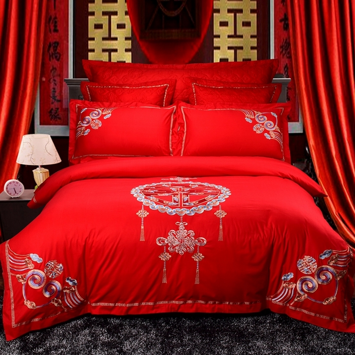 91家纺网 家纺一手货源 找家纺 （总）慕她家纺 慕她畅销款全棉纯棉婚庆四件套大红色刺绣结婚床上用品