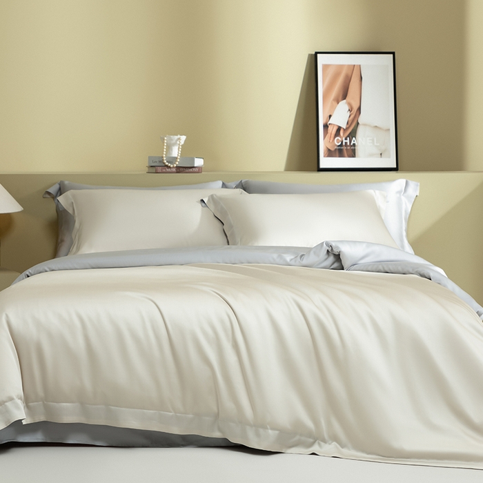 91家纺网 家纺一手货源 找家纺 618家纺 2026新款A类奥地利进口兰精天丝拼色四件套系列 天丝双拼米灰