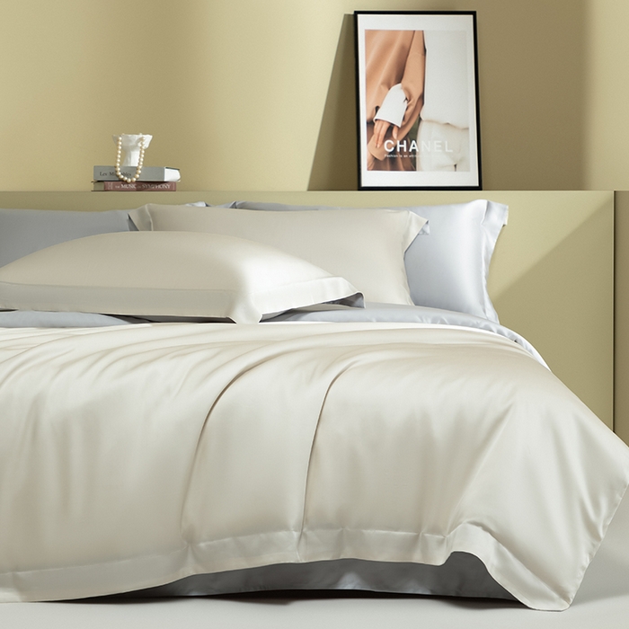 91家纺网 家纺一手货源 找家纺 618家纺 2026新款A类奥地利进口兰精天丝拼色四件套系列 天丝双拼米灰