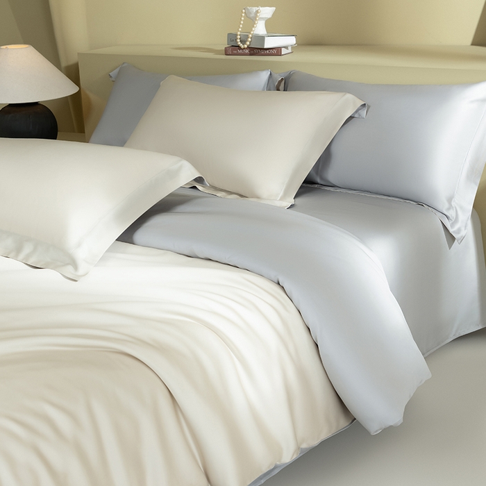 91家纺网 家纺一手货源 找家纺 618家纺 2026新款A类奥地利进口兰精天丝拼色四件套系列 天丝双拼米灰