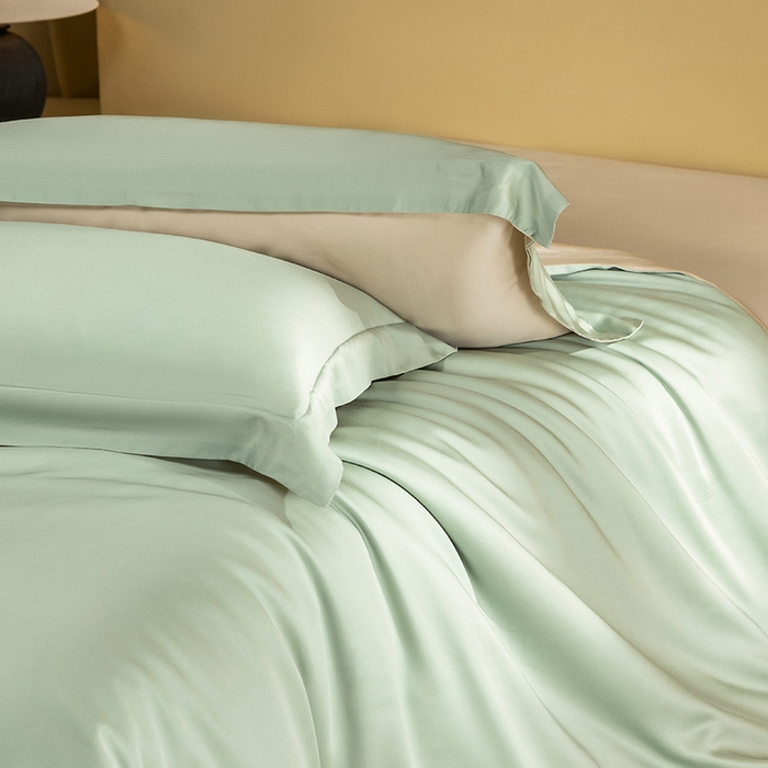 91家纺网 家纺一手货源 找家纺 618家纺 2026新款A类奥地利进口兰精天丝拼色四件套系列 天丝双拼米绿