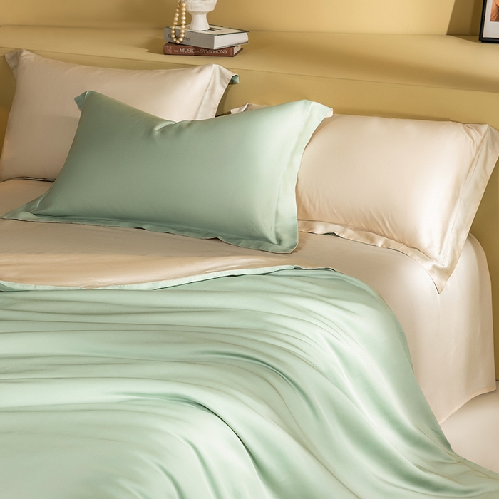 618家纺 2026新款A类奥地利进口兰精天丝拼色四件套系列 天丝双拼米绿