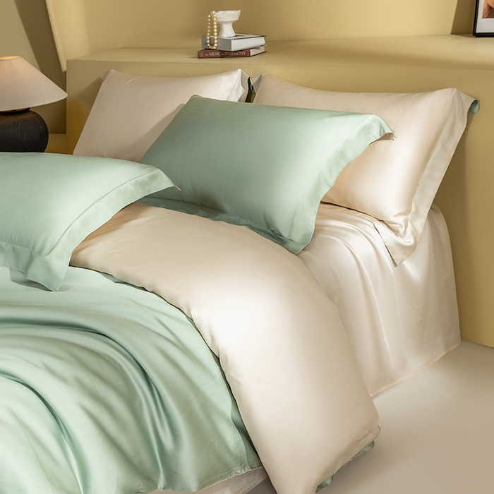 91家纺网 家纺一手货源 找家纺 618家纺 2026新款A类奥地利进口兰精天丝拼色四件套系列 天丝双拼米绿