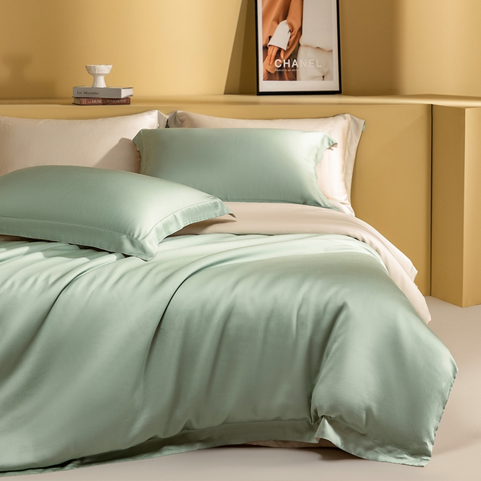 91家纺网 家纺一手货源 找家纺 618家纺 2026新款A类奥地利进口兰精天丝拼色四件套系列 天丝双拼米绿