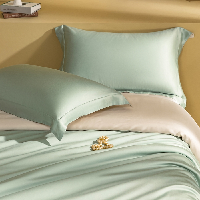 91家纺网 家纺一手货源 找家纺 618家纺 2026新款A类奥地利进口兰精天丝拼色四件套系列 天丝双拼米绿