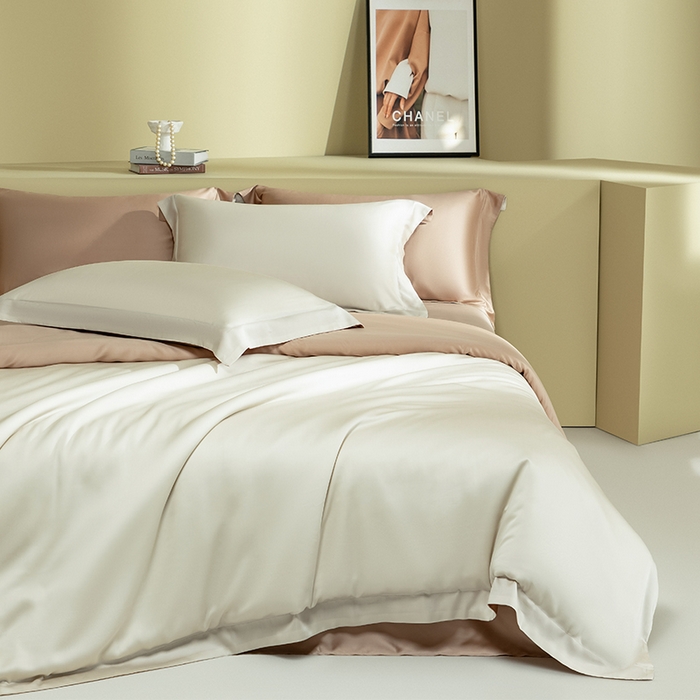 91家纺网 家纺一手货源 找家纺 618家纺 2026新款A类奥地利进口兰精天丝拼色四件套系列 天丝双拼奶咖