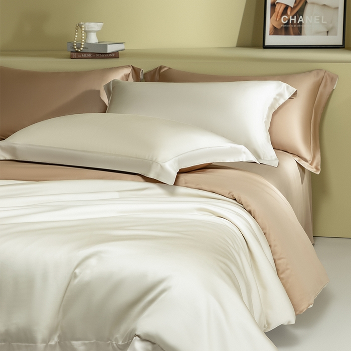 91家纺网 家纺一手货源 找家纺 618家纺 2026新款A类奥地利进口兰精天丝拼色四件套系列 天丝双拼奶咖