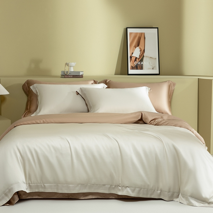 91家纺网 家纺一手货源 找家纺 618家纺 2026新款A类奥地利进口兰精天丝拼色四件套系列 天丝双拼奶咖