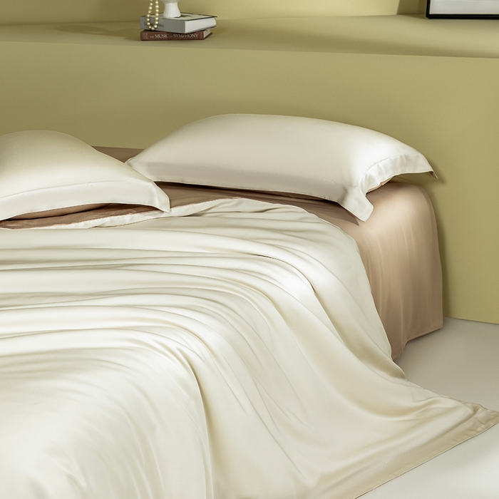 91家纺网 家纺一手货源 找家纺 618家纺 2026新款A类奥地利进口兰精天丝拼色四件套系列 天丝双拼奶咖