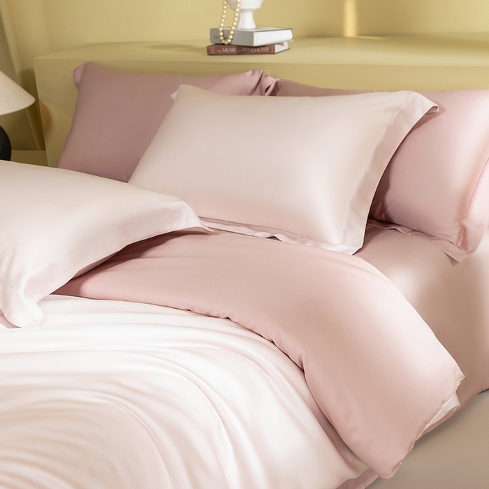 91家纺网 家纺一手货源 找家纺 618家纺 2026新款A类奥地利进口兰精天丝拼色四件套系列 天丝双拼奶油粉