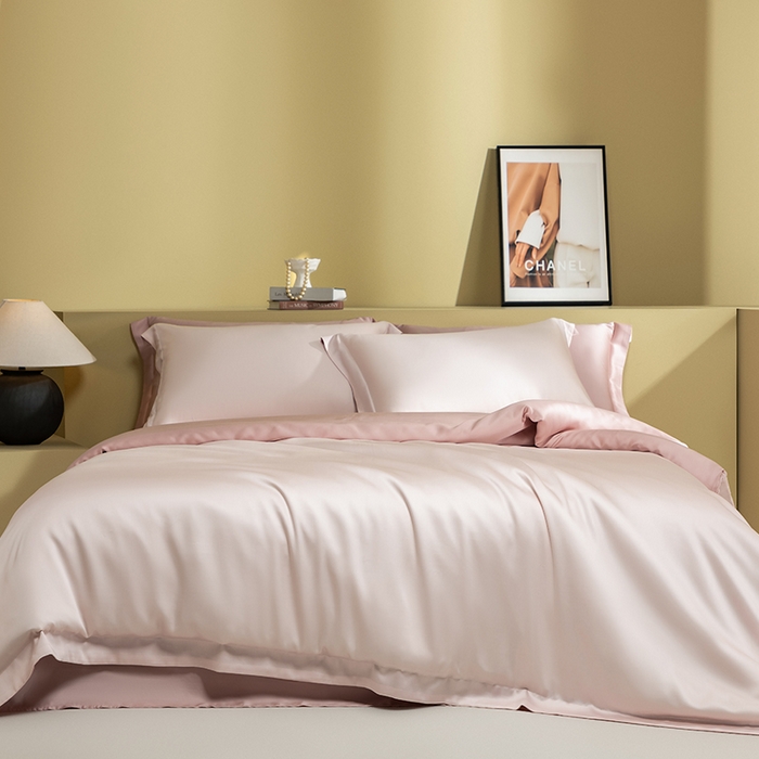 91家纺网 家纺一手货源 找家纺 618家纺 2026新款A类奥地利进口兰精天丝拼色四件套系列 天丝双拼奶油粉