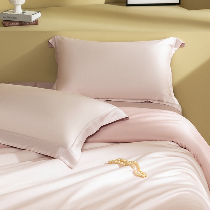 91家纺网 家纺一手货源 找家纺 618家纺 2026新款A类奥地利进口兰精天丝拼色四件套系列 天丝双拼奶油粉