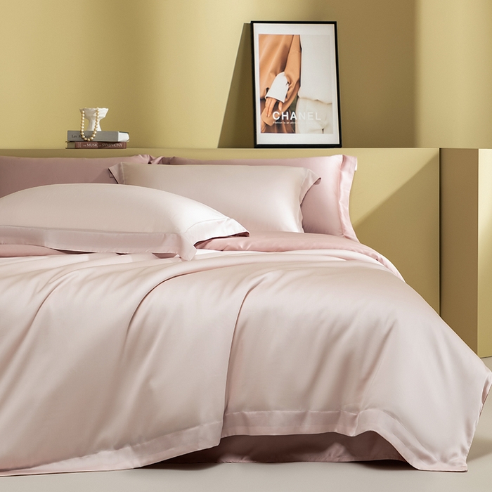 91家纺网 家纺一手货源 找家纺 618家纺 2026新款A类奥地利进口兰精天丝拼色四件套系列 天丝双拼奶油粉