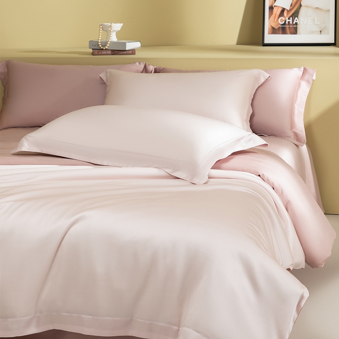 91家纺网 家纺一手货源 找家纺 618家纺 2026新款A类奥地利进口兰精天丝拼色四件套系列 天丝双拼奶油粉