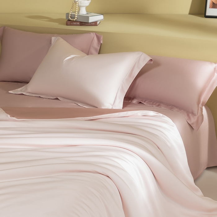 618家纺 2026新款A类奥地利进口兰精天丝拼色四件套系列 天丝双拼奶油粉