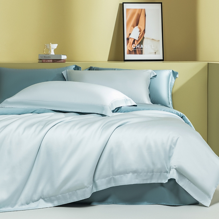 91家纺网 家纺一手货源 找家纺 618家纺 2026新款A类奥地利进口兰精天丝拼色四件套系列 天丝双拼晴空蓝