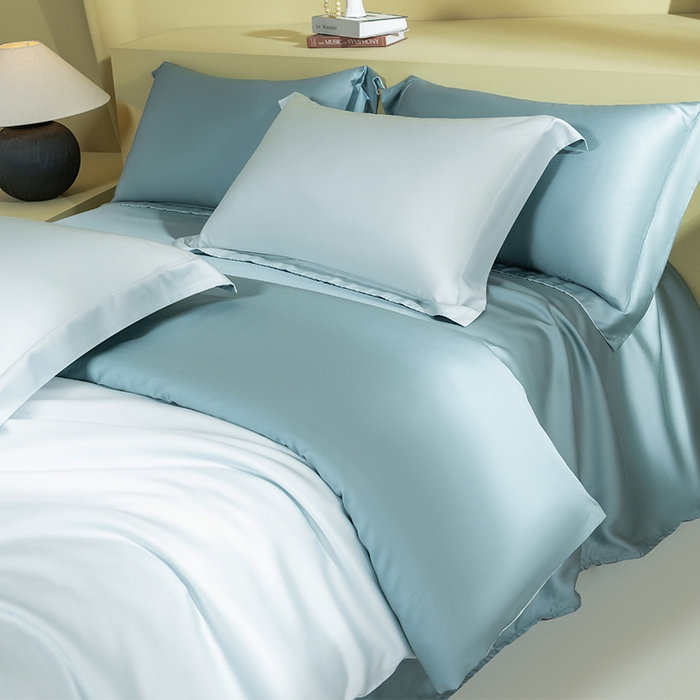 91家纺网 家纺一手货源 找家纺 618家纺 2026新款A类奥地利进口兰精天丝拼色四件套系列 天丝双拼晴空蓝