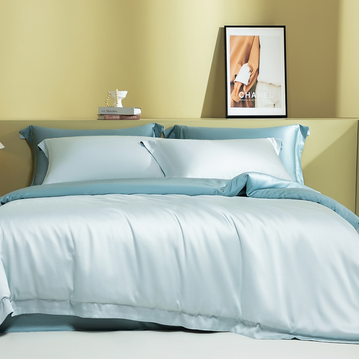 91家纺网 家纺一手货源 找家纺 618家纺 2026新款A类奥地利进口兰精天丝拼色四件套系列 天丝双拼晴空蓝