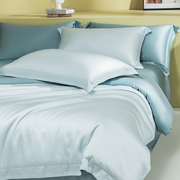 91家纺网 家纺一手货源 找家纺 618家纺 2026新款A类奥地利进口兰精天丝拼色四件套系列 天丝双拼晴空蓝