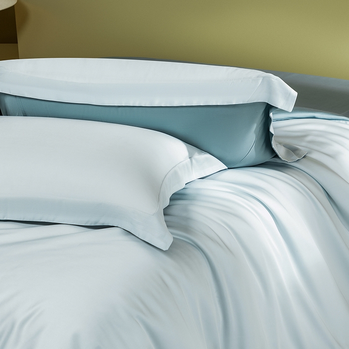 91家纺网 家纺一手货源 找家纺 618家纺 2026新款A类奥地利进口兰精天丝拼色四件套系列 天丝双拼晴空蓝