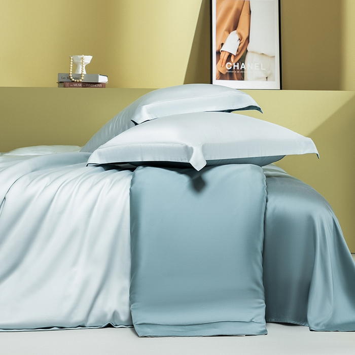 91家纺网 家纺一手货源 找家纺 618家纺 2026新款A类奥地利进口兰精天丝拼色四件套系列 天丝双拼晴空蓝