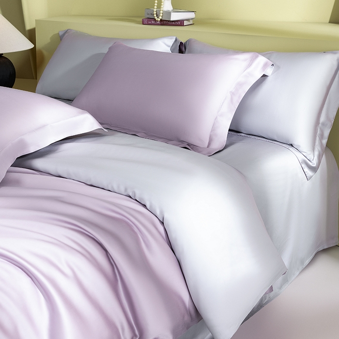 91家纺网 家纺一手货源 找家纺 618家纺 2026新款A类奥地利进口兰精天丝拼色四件套系列 天丝双拼紫灰