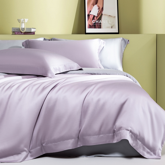 91家纺网 家纺一手货源 找家纺 618家纺 2026新款A类奥地利进口兰精天丝拼色四件套系列 天丝双拼紫灰