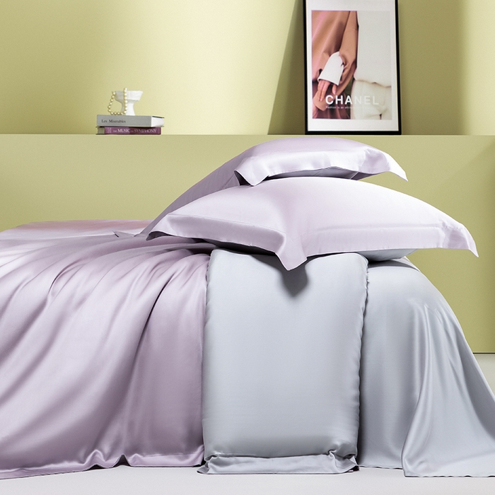 91家纺网 家纺一手货源 找家纺 618家纺 2026新款A类奥地利进口兰精天丝拼色四件套系列 天丝双拼紫灰