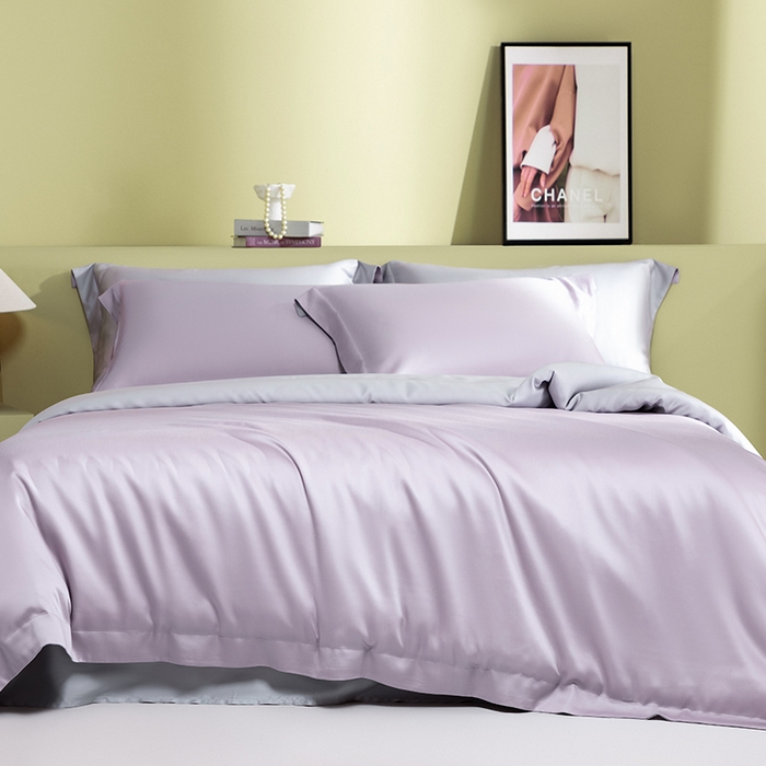 91家纺网 家纺一手货源 找家纺 618家纺 2026新款A类奥地利进口兰精天丝拼色四件套系列 天丝双拼紫灰