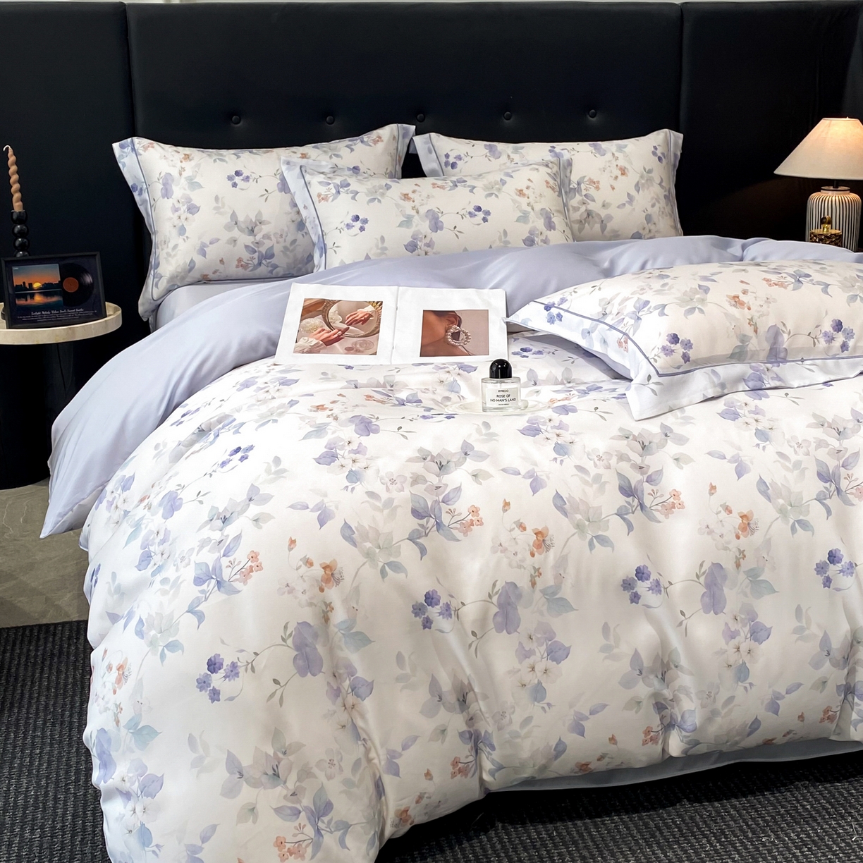 91家纺网 家纺一手货源 找家纺 启航家居 2026新款春夏天丝莱赛尔数码印花四件套 花颜外兰