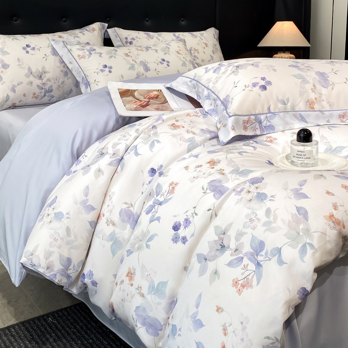 91家纺网 家纺一手货源 找家纺 启航家居 2026新款春夏天丝莱赛尔数码印花四件套 花颜外兰