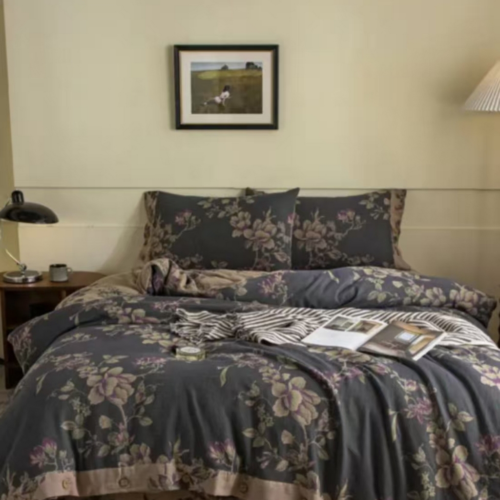 库里梦家纺 2026春夏新款直播专供爆款色织复古双层纱四件套 橘花