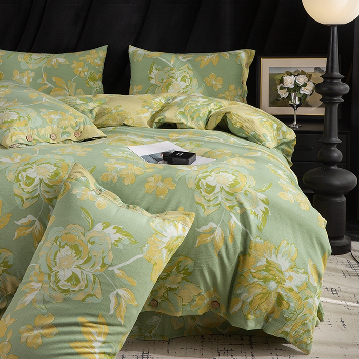 91家纺网 家纺一手货源 找家纺 库里梦家纺 2026春夏新款直播专供爆款色织复古双层纱四件套 绽放