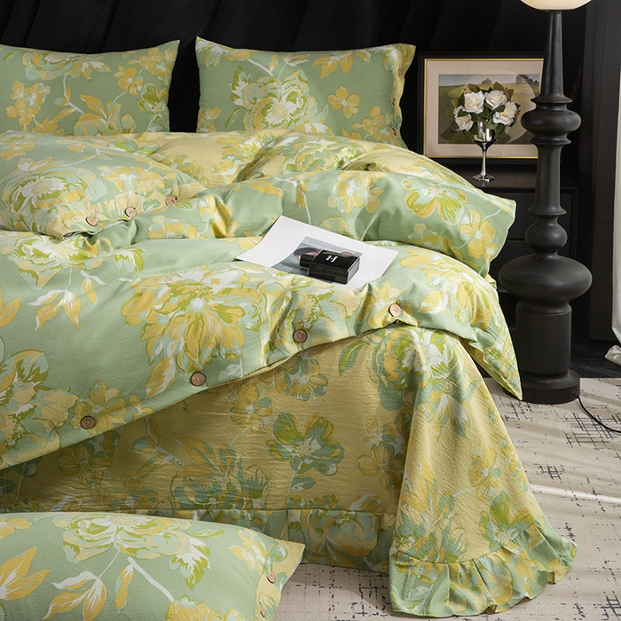 91家纺网 家纺一手货源 找家纺 库里梦家纺 2026春夏新款直播专供爆款色织复古双层纱四件套 绽放