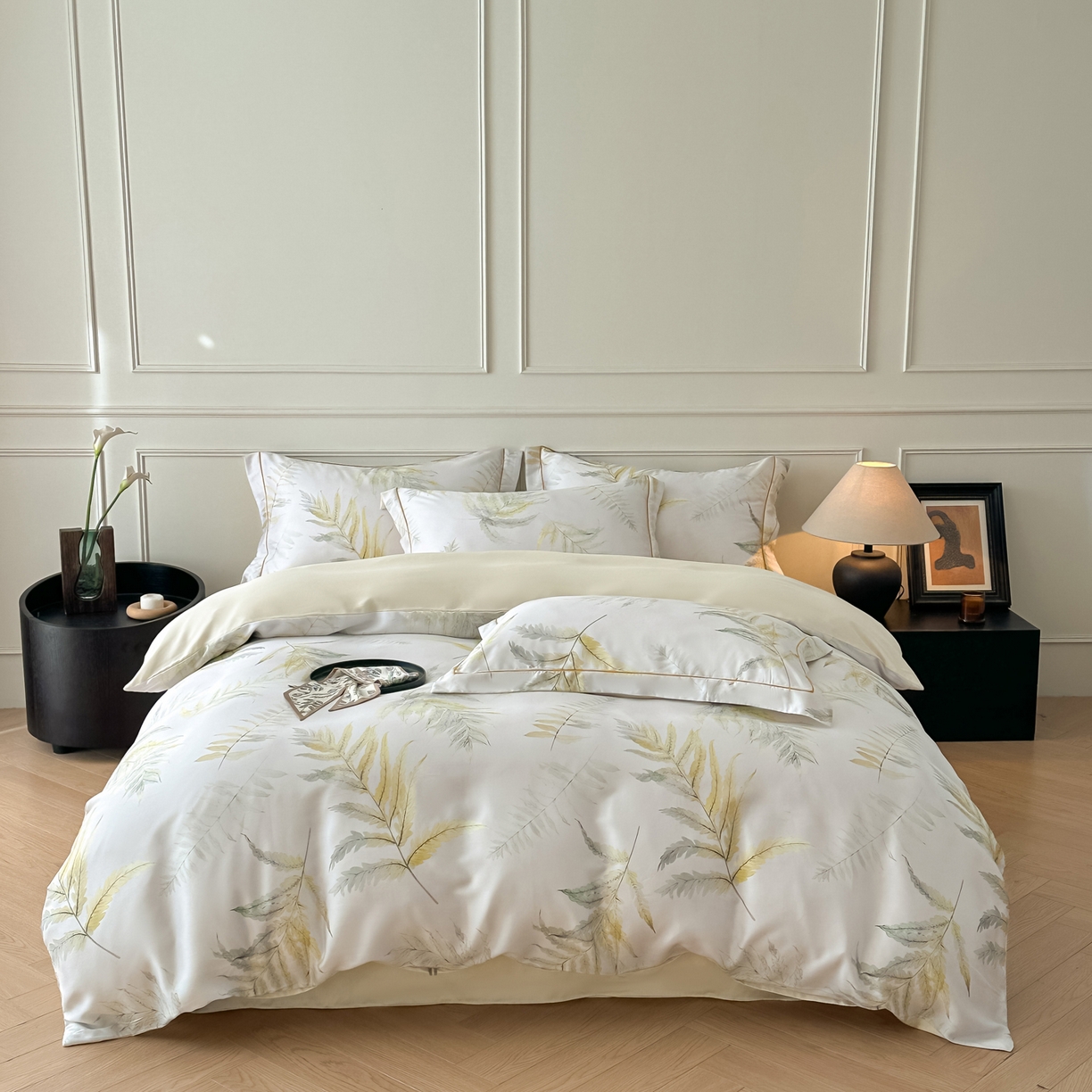 91家纺网 家纺一手货源 找家纺 启航家居 2026新款春夏天丝莱赛尔数码印花四件套 半纸叶灰