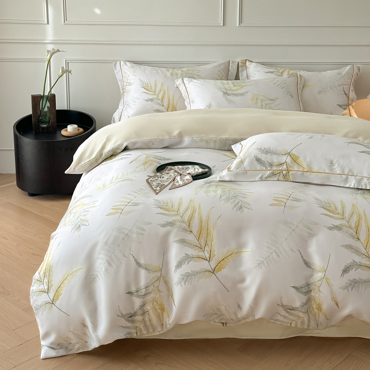 91家纺网 家纺一手货源 找家纺 启航家居 2026新款春夏天丝莱赛尔数码印花四件套 半纸叶灰