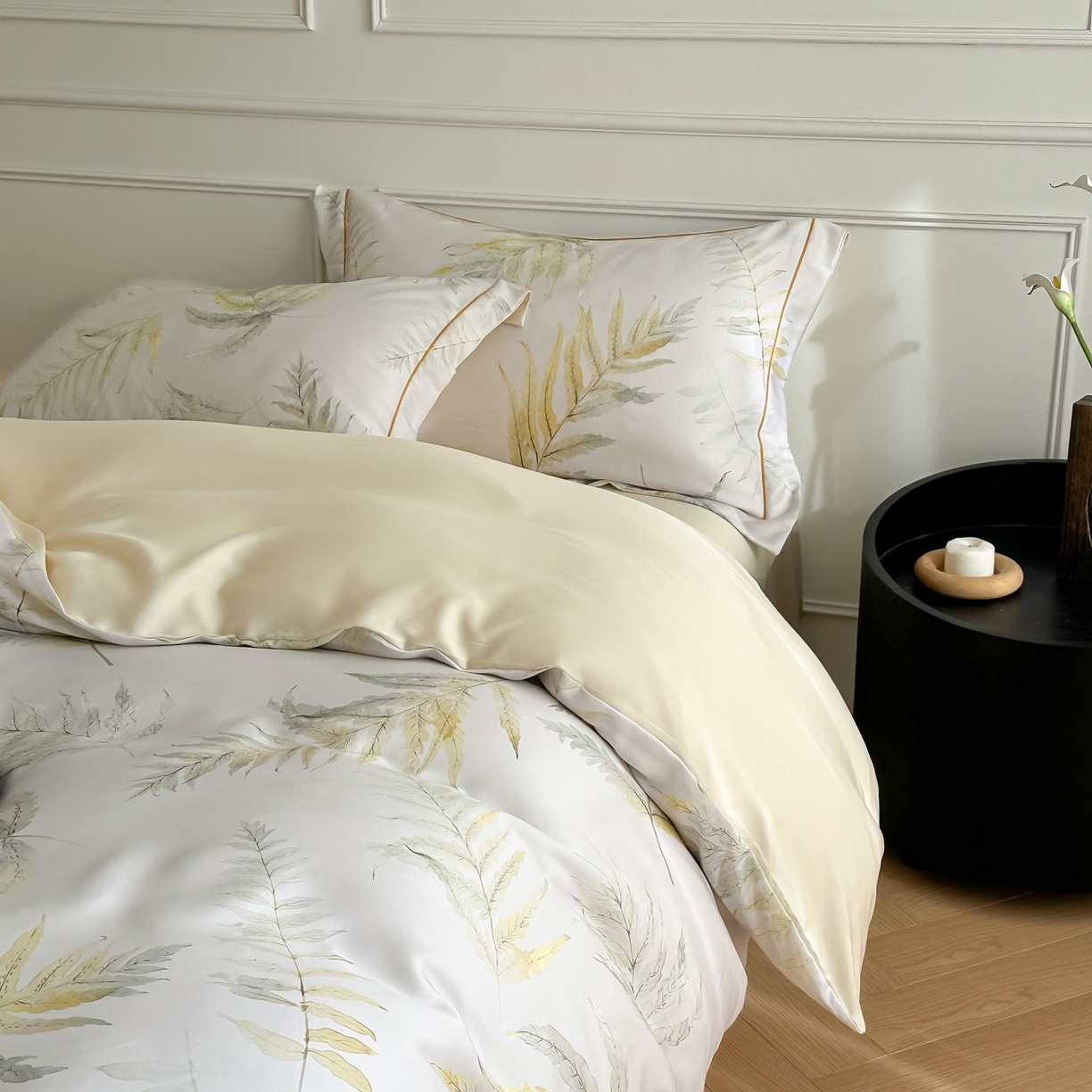 91家纺网 家纺一手货源 找家纺 启航家居 2026新款春夏天丝莱赛尔数码印花四件套 半纸叶灰