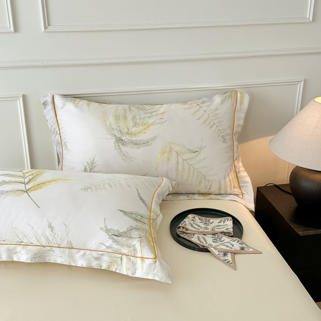 91家纺网 家纺一手货源 找家纺 启航家居 2026新款春夏天丝莱赛尔数码印花四件套 半纸叶灰