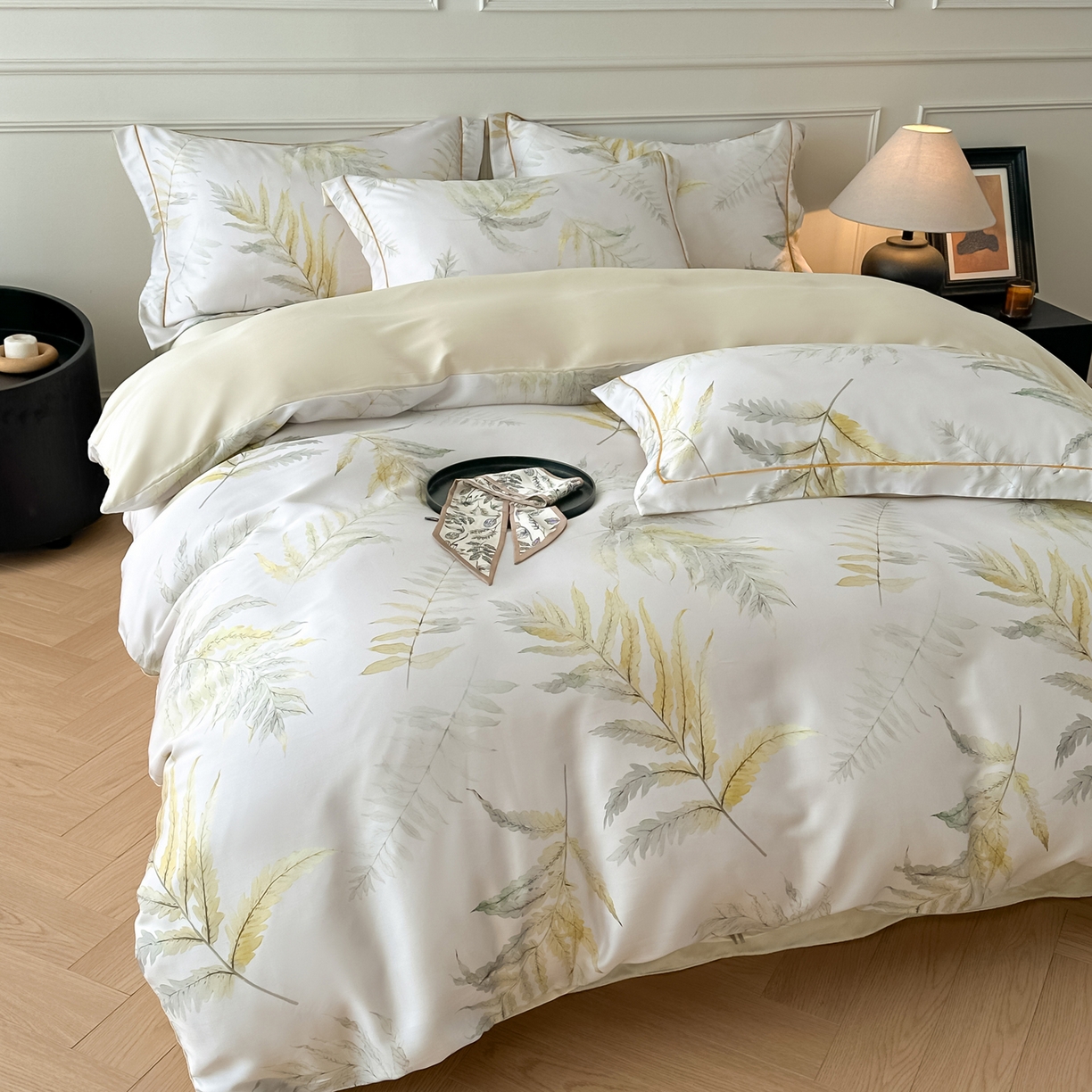 91家纺网 家纺一手货源 找家纺 启航家居 2026新款春夏天丝莱赛尔数码印花四件套 半纸叶灰