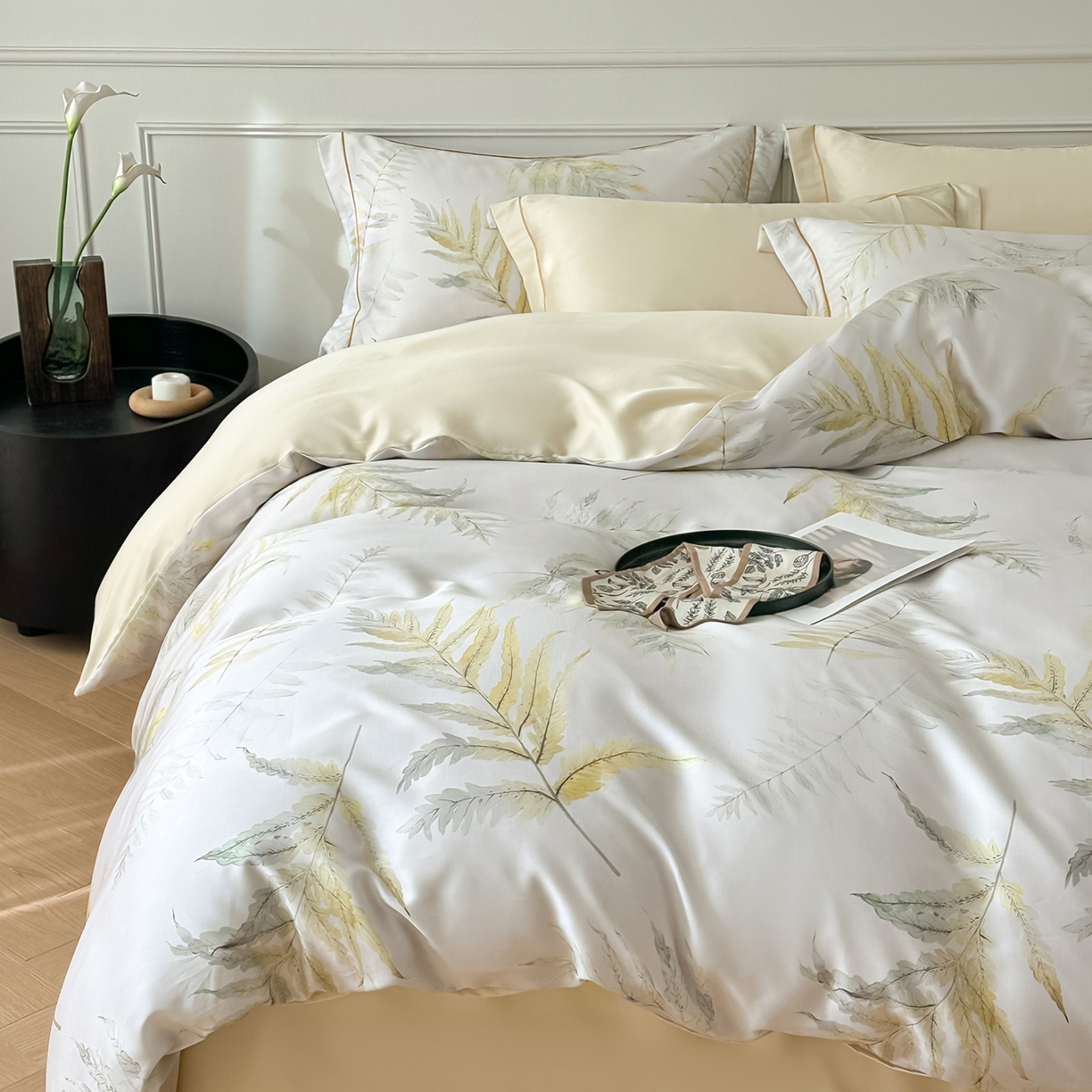 91家纺网 家纺一手货源 找家纺 启航家居 2026新款春夏天丝莱赛尔数码印花四件套 半纸叶灰