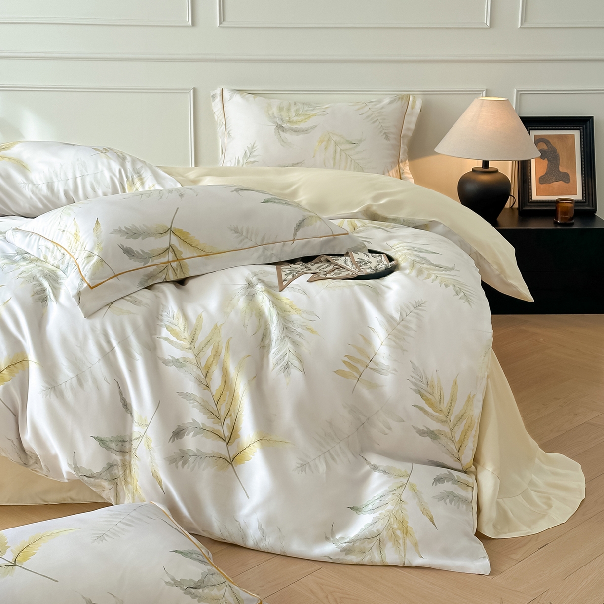 91家纺网 家纺一手货源 找家纺 启航家居 2026新款春夏天丝莱赛尔数码印花四件套 半纸叶灰