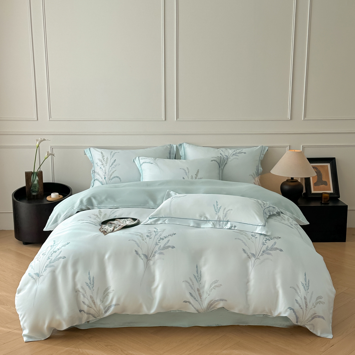 91家纺网 家纺一手货源 找家纺 启航家居 2026新款春夏天丝莱赛尔数码印花四件套 池禾韵兰