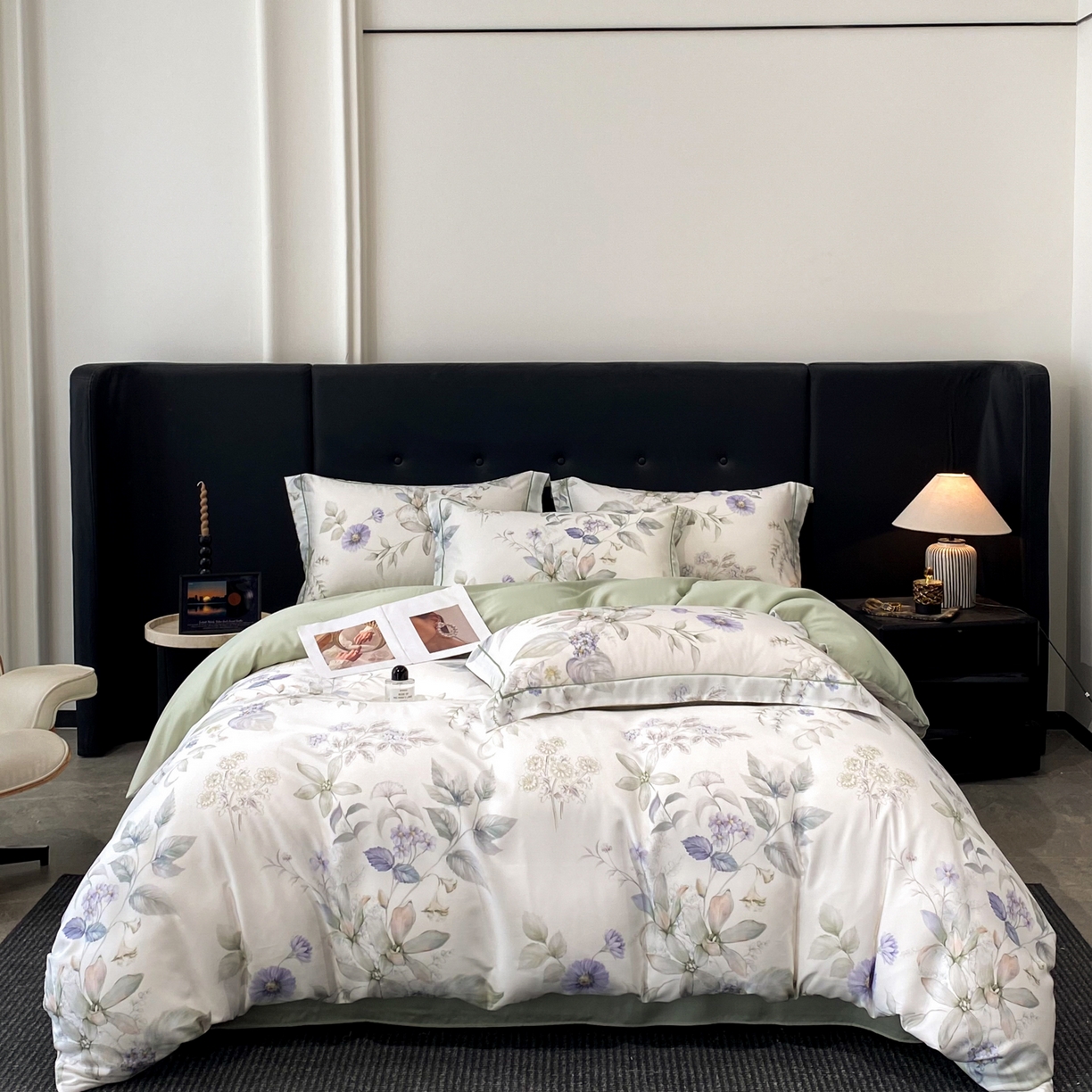 91家纺网 家纺一手货源 找家纺 启航家居 2026新款春夏天丝莱赛尔数码印花四件套 春溢然绿