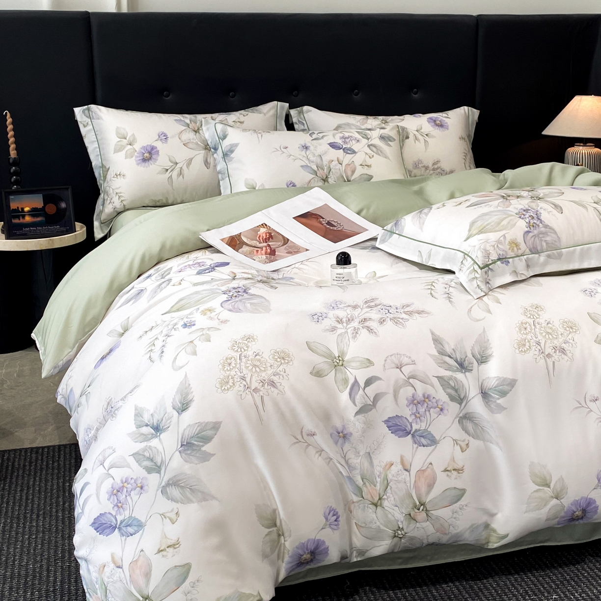 91家纺网 家纺一手货源 找家纺 启航家居 2026新款春夏天丝莱赛尔数码印花四件套 春溢然绿