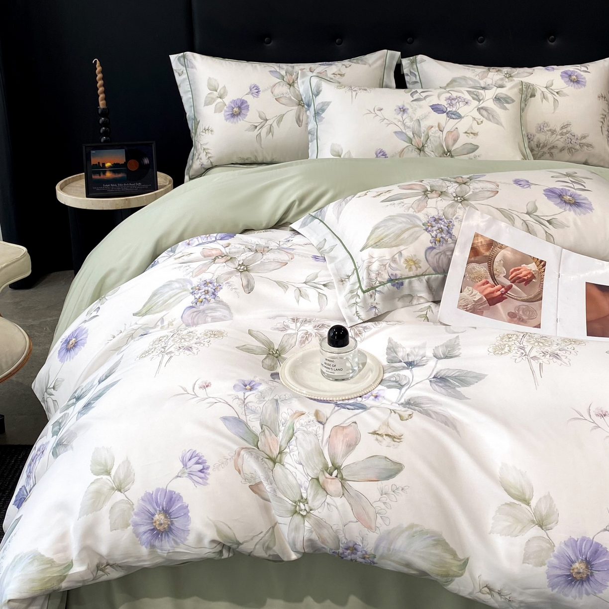 91家纺网 家纺一手货源 找家纺 启航家居 2026新款春夏天丝莱赛尔数码印花四件套 春溢然绿