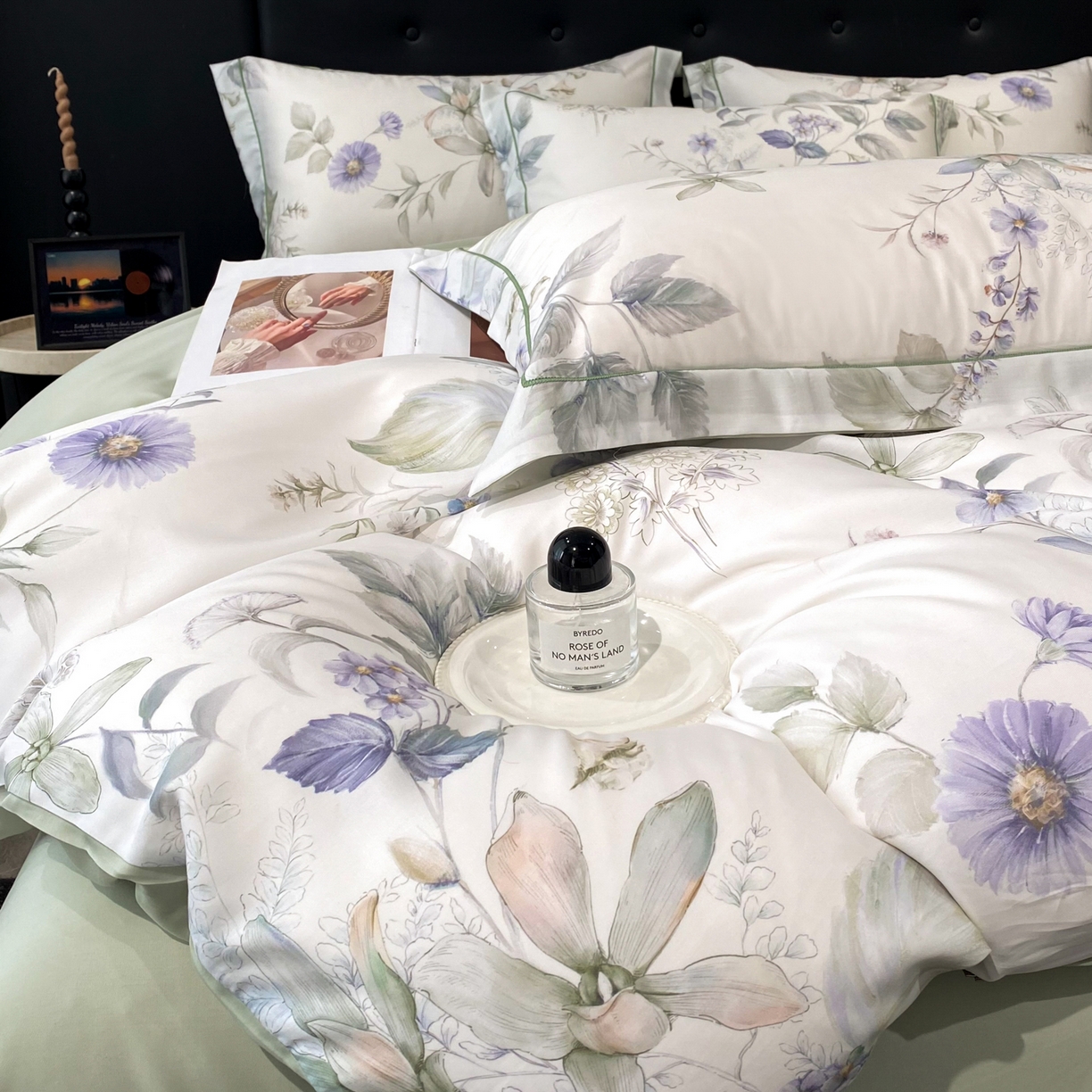 91家纺网 家纺一手货源 找家纺 启航家居 2026新款春夏天丝莱赛尔数码印花四件套 春溢然绿