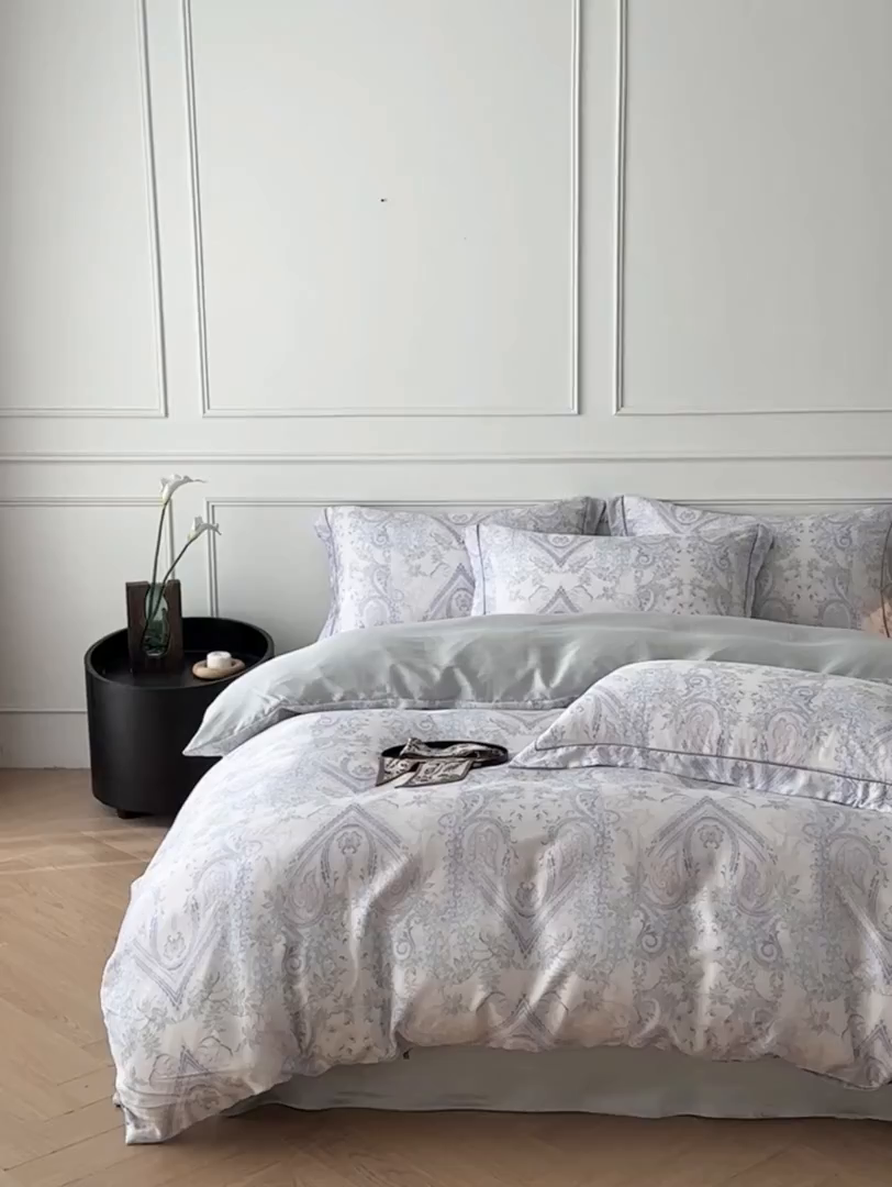 91家纺网 家纺一手货源 找家纺 启航家居 2026新款春夏天丝莱赛尔数码印花四件套 梦境之翼兰